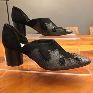 ZARA Boho Suede Black Almond Toes Romantic Elegant Chunky Heels US 6.5, EUR 37.